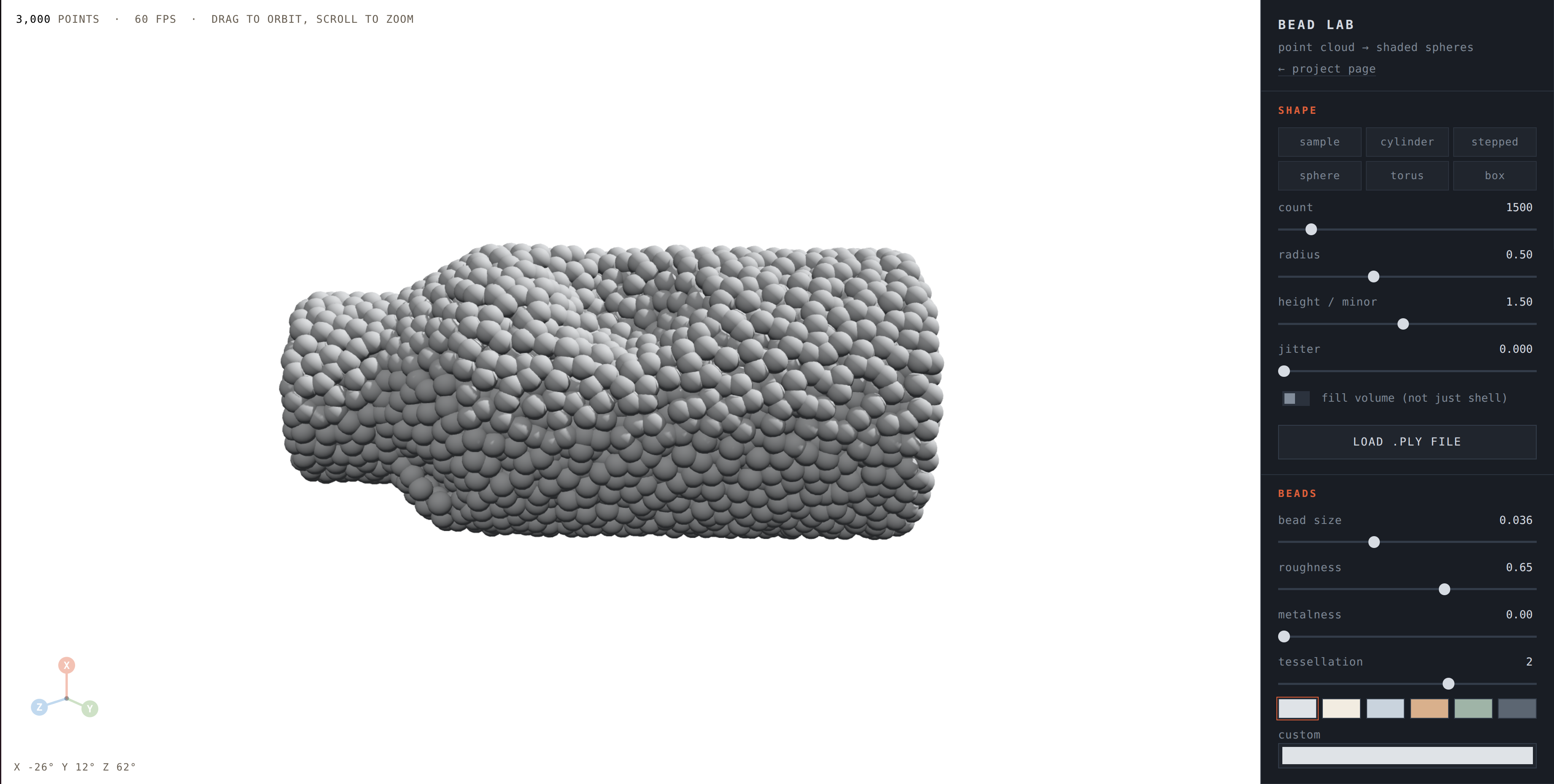 Bead Lab interface showing a bead-rendered point cloud on the left and the shape, bead, lighting, and camera control panel on the right